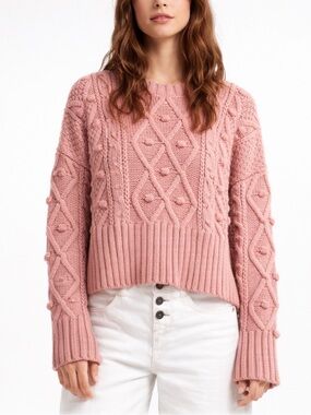 Zara Pom Pom Cable Knit Bobble Cotton Blend Sweater